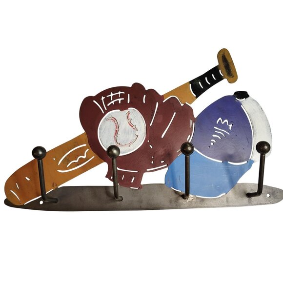 Baseball Wall Hook Rack Metal Baseball Glove Bat Helmet Decor Boys Room 4 Hooks - Picture 1 of 16